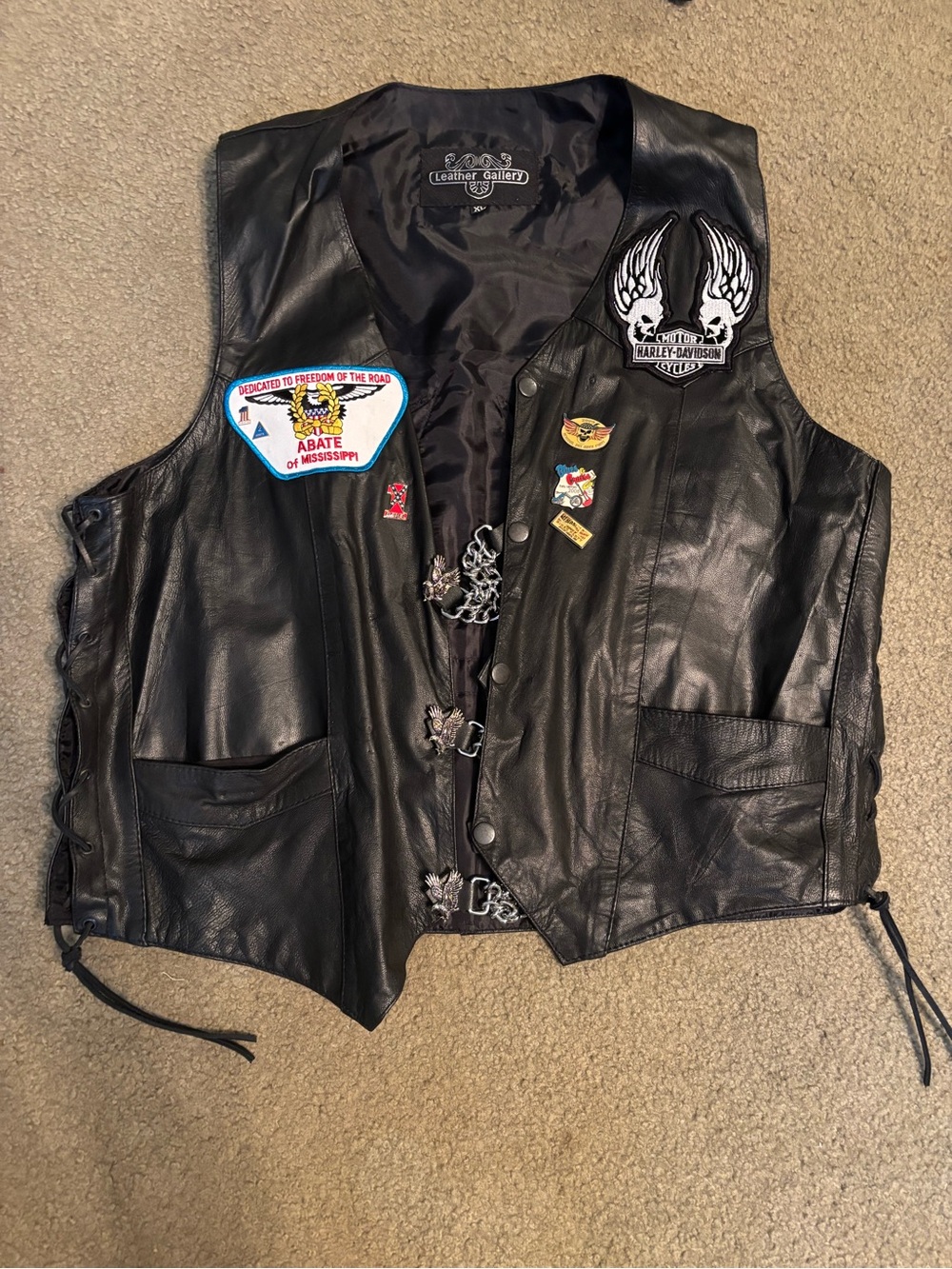 Leather Biker Vest with Embroidered Patches - Black